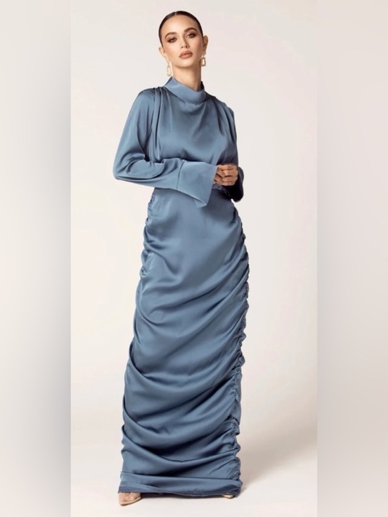 Veiled Dresses & Skirts - NWT-Veiled collection Elegant Slate Blue Satin Long Sleeve Ruched Gown